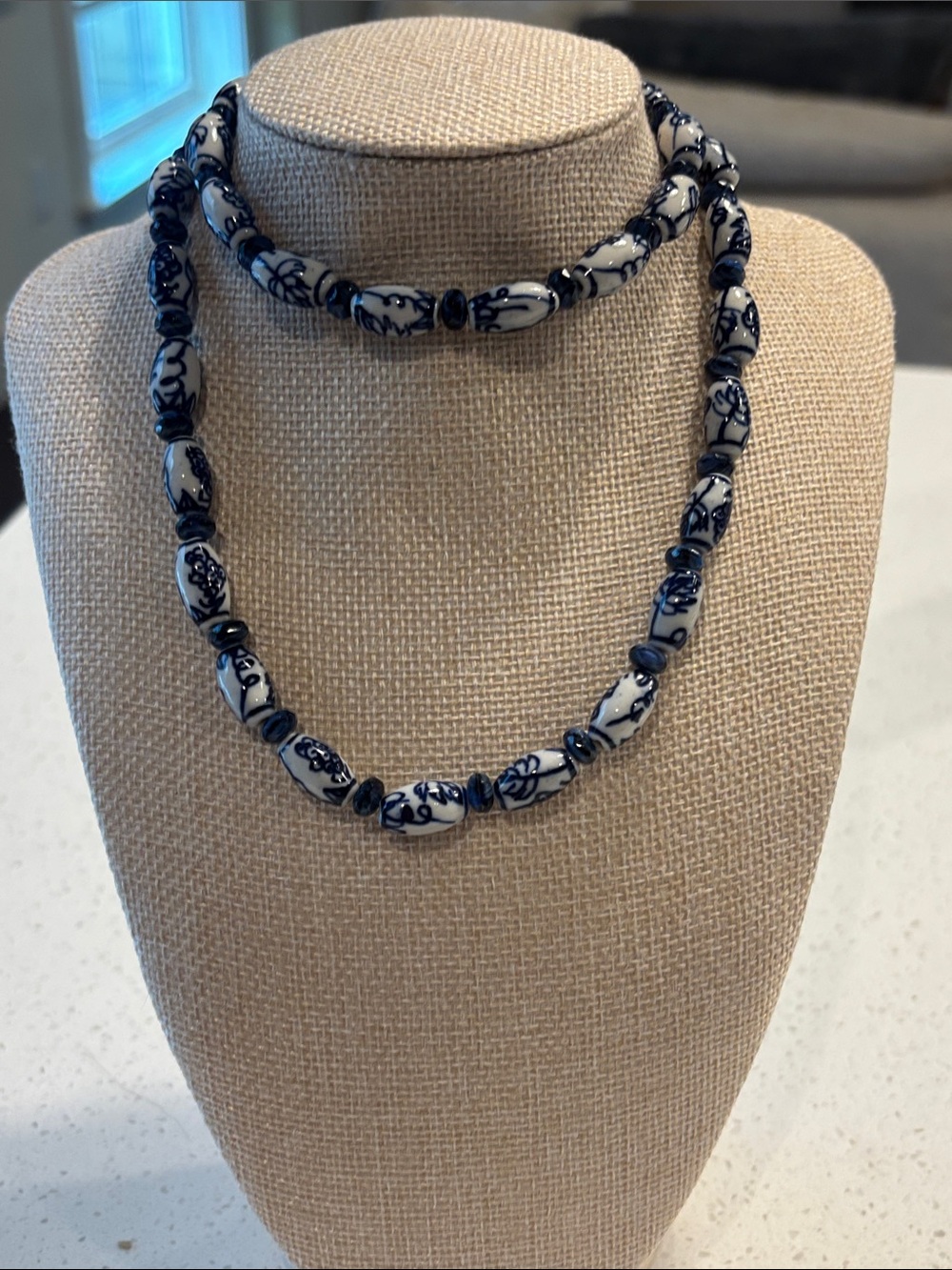 Vintage Chinese Export Blue and White Porcelain Bead Necklace Hand Painted